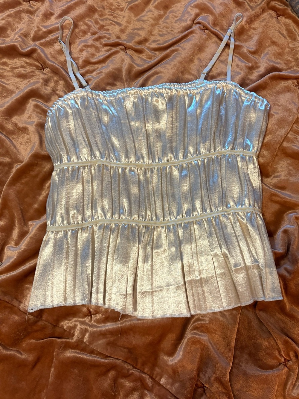 Cream Satin Pleated Spaghetti-Strap Women's Top
